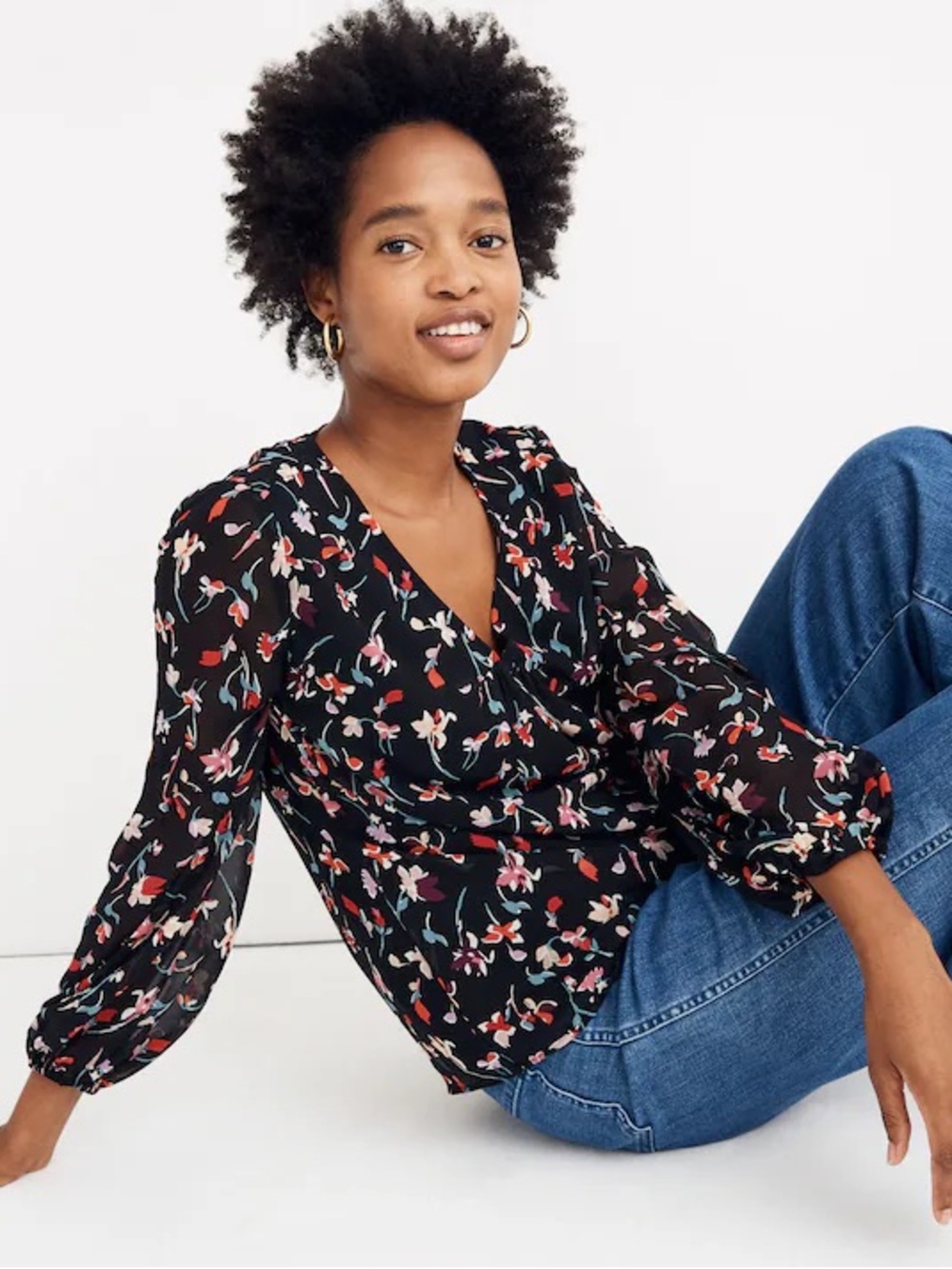 Madewell Shirred Sleeve V Neck Top Drifting Flowers Black Red AH955 Size Small